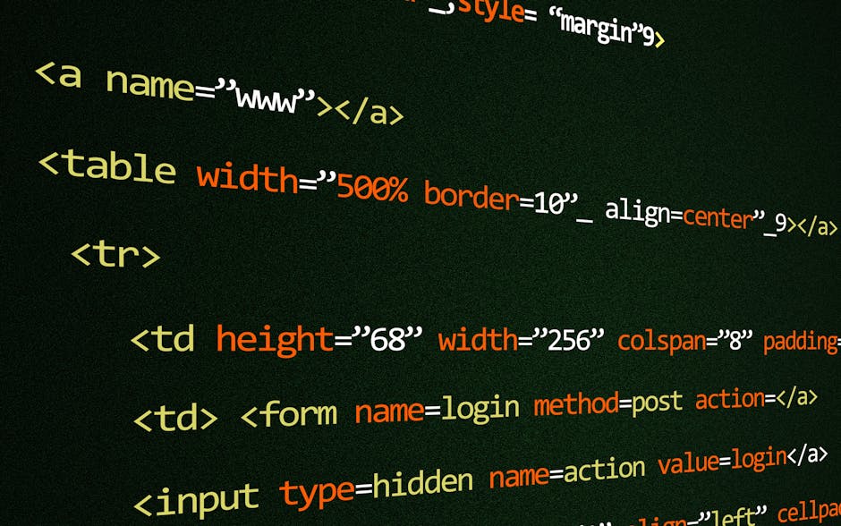 A close-up image of a computer screen displaying colorful HTML and programming code in a dark themed editor. The code is sightly blurred but shows lines of syntax highlighting with red, green, blue, a